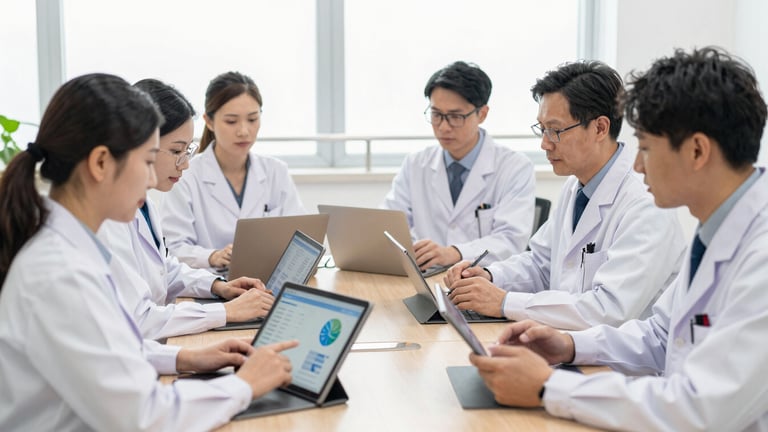 A wide-angle editorial photograph of Vietnamese medical professionals and technology experts in a bright, daylight-filled meeting room in Ha Noi, reviewing data dashboards on tablets, professional clinical tones, shallow depth of field.