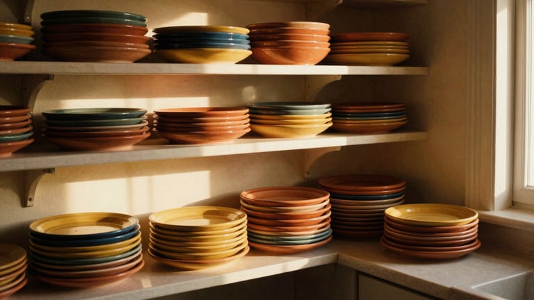 Warm environmental photo of a cozy kitchen corner, sunlit shelves stacked with colorful terracotta and mustard yellow plates, soft side-shadows, shallow depth of field.