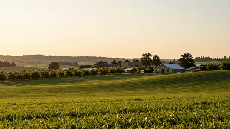 Wide panoramic view of a beautiful 20-acre family farm in Washington during golden hour, rolling green pastures, distant orchards under a soft warm sky.