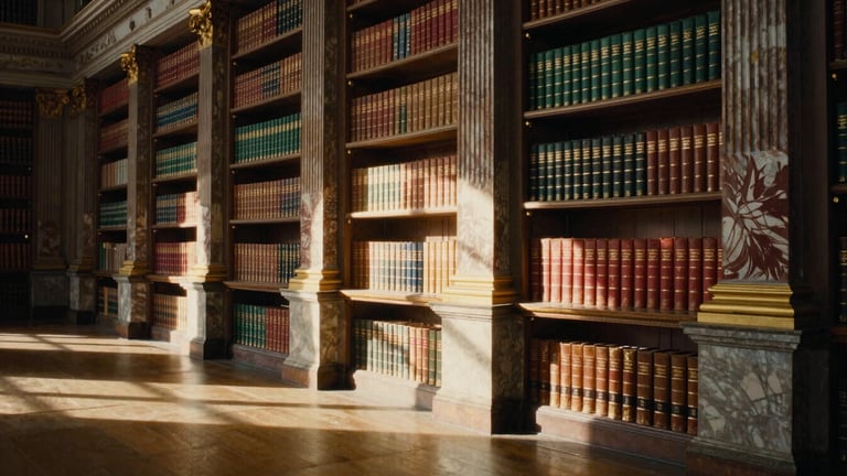 Wide panoramic shot of an elegant historic library hall with marble columns, warm golden-hour window light casting long shadows, classical leather-bound books, 35mm film texture.