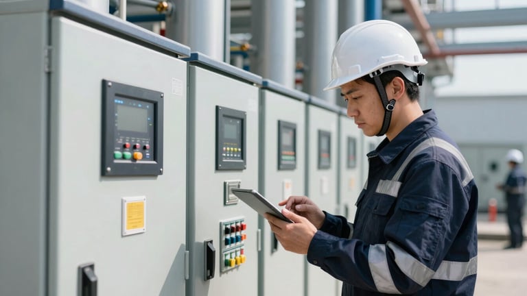 Engineer in high-visibility gear and hard hat, inspecting a complex industrial control panel with a tablet, focus on safety equipment and precision, crisp focus, technical lighting, deep navy and metallic tones