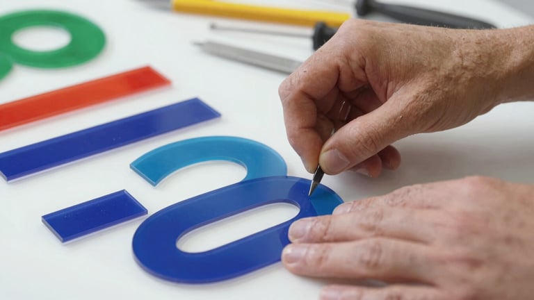 Close-up, detailed shot of hands assembling acrylic letters for an illuminated sign, showing tools and materials, industrial workshop setting, crisp studio light, sharp focus on the process.
