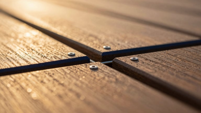 Macro photograph of a hidden deck fastener system between premium ipe boards, shallow depth of field, warm golden-hour coastal sunlight