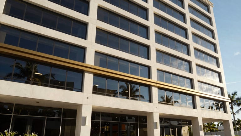 Wide architectural shot of a modern, sunlit office building exterior in Hobe Sound, Florida, with clean lines and large windows, natural coastal daylight, deep navy and warm gold accents, 35mm lens.