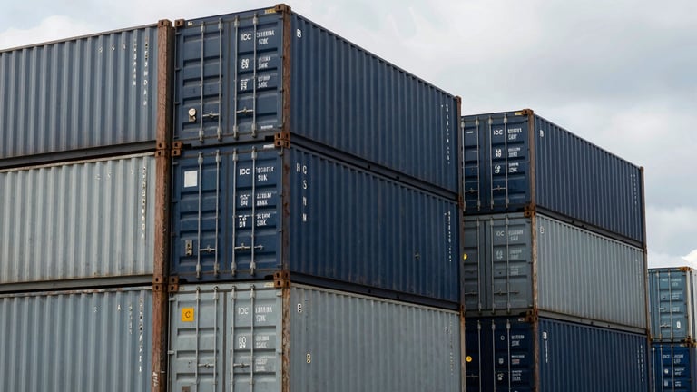 Industrial editorial photography of shipping containers stacked neatly at ICD Tuglakabad under overcast sky, cool steel tones, sharp focus, 35mm