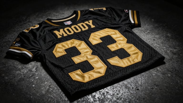 Moody low-key product photography of a vintage football jersey sponsor print, high-contrast dramatic spotlighting, deep shadows, rich saturated gold lettering on a textured black weave, dark concrete background, macro lens