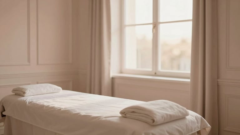 Wide shot of a serene, uncluttered luxury medical spa suite, soft focus, warm diffused daylight, muted blush and champagne tones, elegant architectural details, shallow depth of field, 35mm