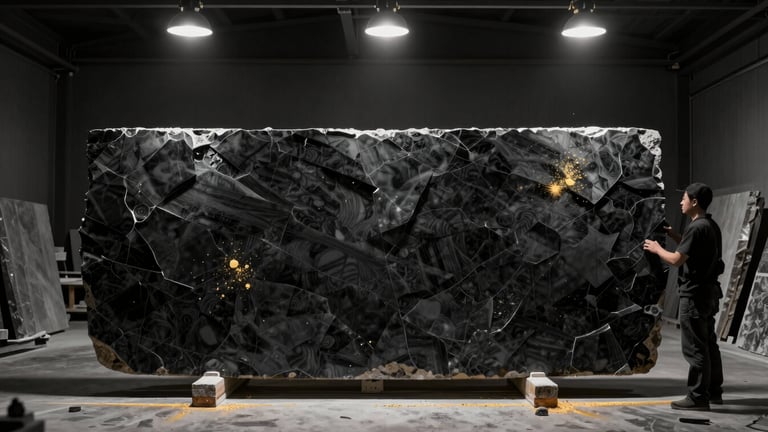 Wide panoramic shot of a high-end stone workshop, a single craftsman inspecting a massive dark porcelain slab under focused overhead spotlights, dark atmosphere, subtle gold sparks