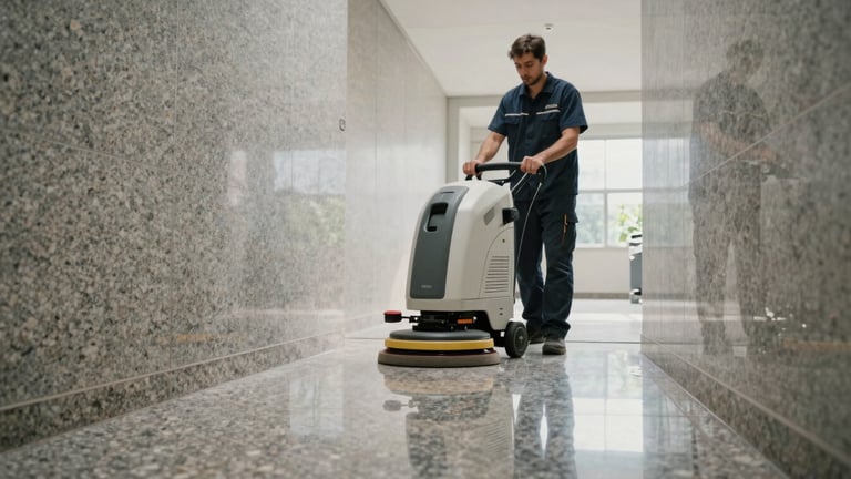 Wide shot of a professional operator using a modern floor polishing machine on a pristine, reflective granite corridor with generous negative space.