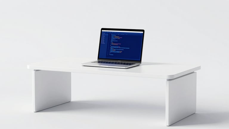 Minimalist panoramic 3D render of a workspace with clean white desks and a laptop displaying structured code, bright high-key studio light, minimalist white and electric blue, sharp focus