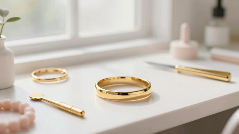 Bright editorial photography of a modern jewelry studio, soft natural daylight through large windows, gold tools on a clean white workbench, shallow depth of field