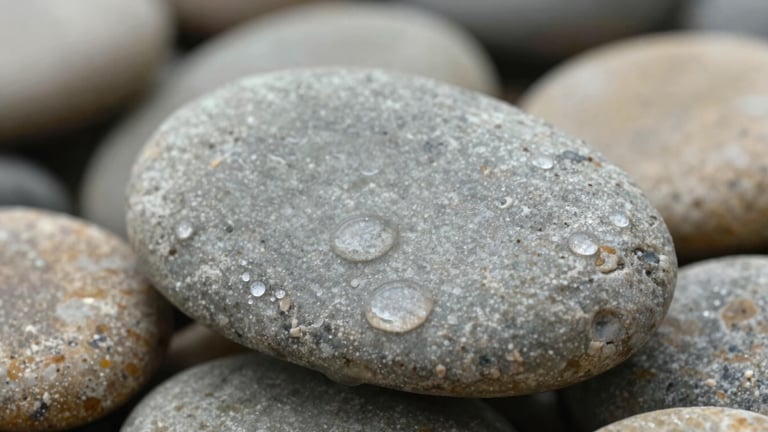 Macro texture of wet grey river stones stacked neatly, soft natural light, water droplets, shallow depth of field