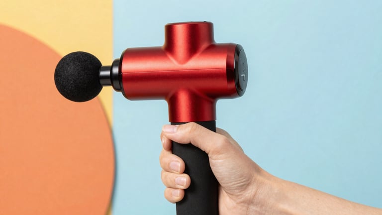 Close-up of hands holding a modern red massage gun against a clean studio background, sharp focus