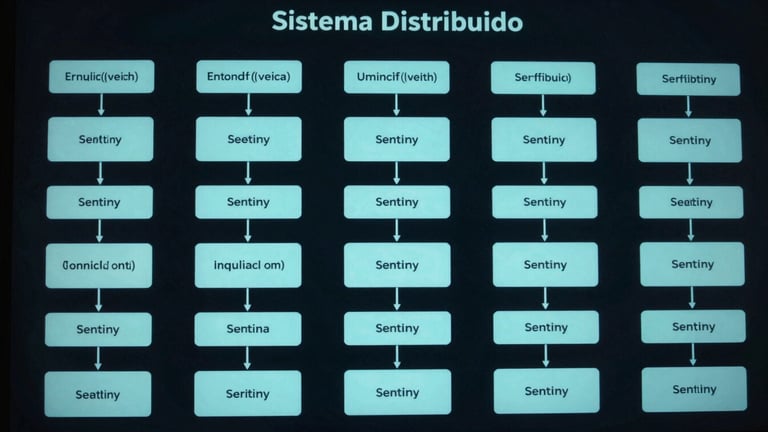 Diagrama técnico de una arquitectura de sistema distribuido, con componentes interconectados y flujos de datos, presentado en una pantalla de alta resolución con tonos cian sobre fondo oscuro.
