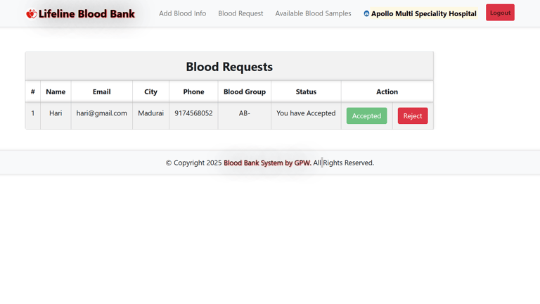 Blood Bank Management System - Hospital View Blood Requests Page