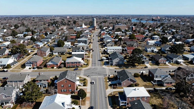 Wide aerial view of Medway, Massachusetts, showing residential areas and main roads, centered on 106 Main St, under bright daylight, professional service photography, sharp focus, 35mm