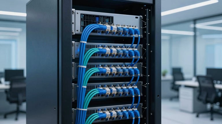 A highly organized server rack with perfectly routed blue and teal ethernet cables, cool ambient lighting in a modern Dubai data room.