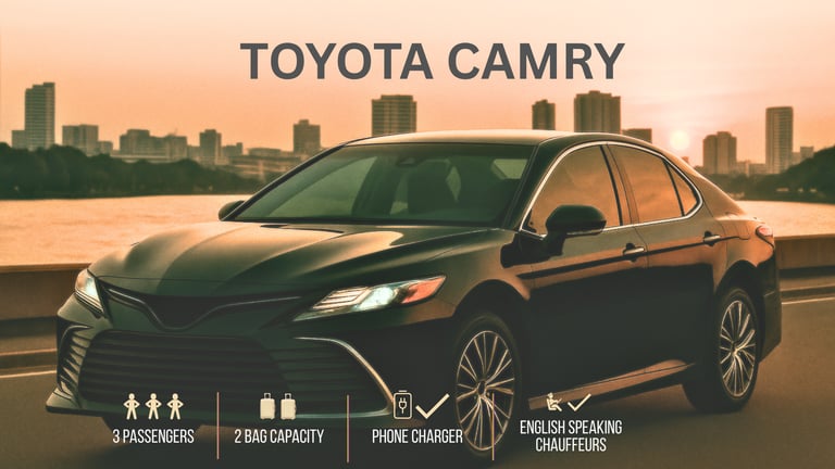 Toyota Camry sedan for premium chauffeur service in Thailand, seating 3 passengers with luggage, pho