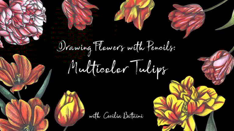 Drawing Flowers with Pencils: Multicolor Tulips text surrounded by hand-drawn floral illustrations