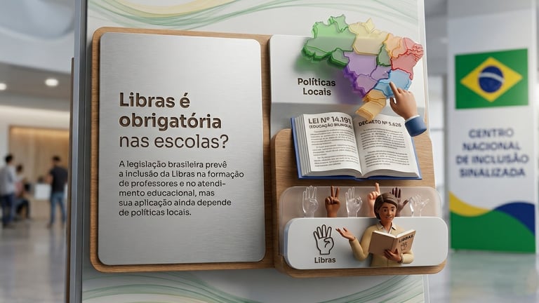 Painel explicativo 3D com o mapa do Brasil e abaixo um livro mostrando a Lei 14191 