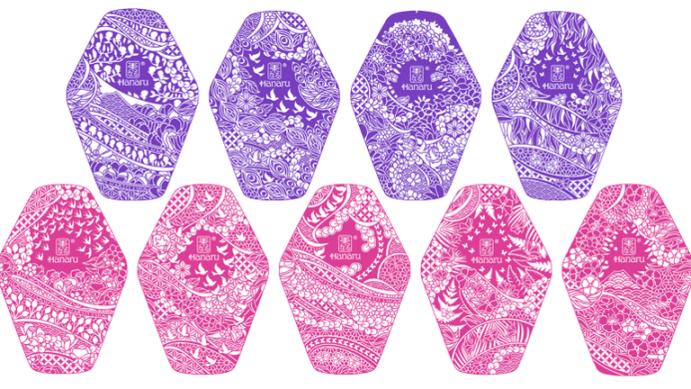 Nine designs for reusable sanitary napkins in pink and purple.