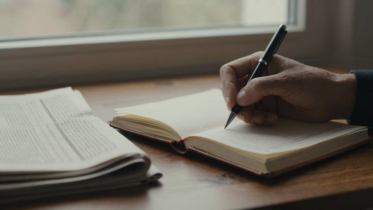 Close-up, moody natural window light, desaturated warm tones, deep shadows, 35mm film photograph of a hand making notes in a leather-bound journal next to a stack of financial newspapers and a pen, on a wooden desk.