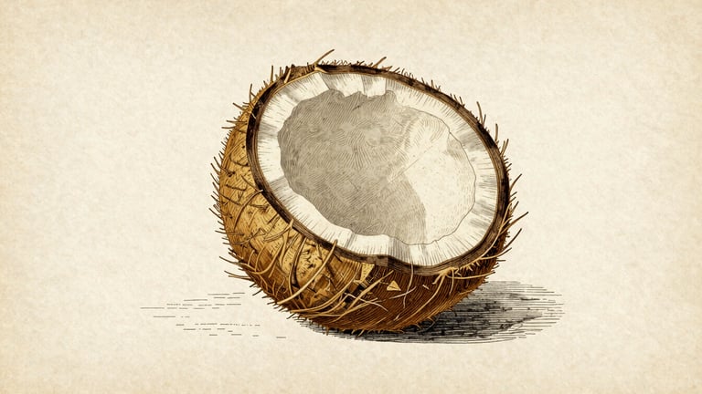 Vintage botanical plate of Cocos nucifera, detailed line engraving, muted khaki and gold tones, aged parchment texture