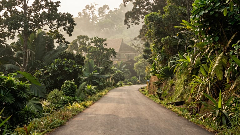 A quiet, winding road through a lush Khao Yai valley forest, soft diffused natural light, wide architectural shot, warm editorial photography, soft morning mist, forest green and stone grey tones, shallow depth of field, 35mm