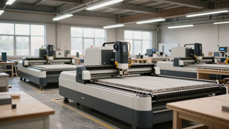 Wide panoramic view of a modern fabrication facility, showing both CNC stone cutting machines and woodworking stations, natural diffused light, sharp focus, 35mm lens