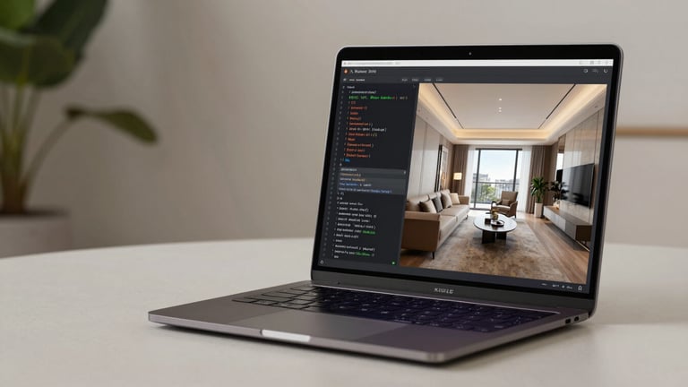 Sleek dark laptop screen mockup showing a clean lines of code next to an embedded Kuula 360 interactive tour of a luxury apartment interior.