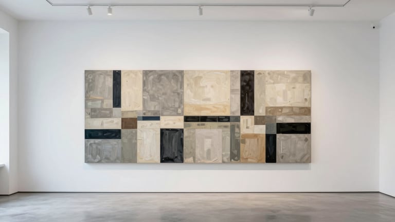 Fotografía panorámica de una obra de arte abstracta de gran formato instalada en una sala de galería white-cube vacía, luz natural difusa, arquitectura limpia, sin sombras duras, encuadre frontal.