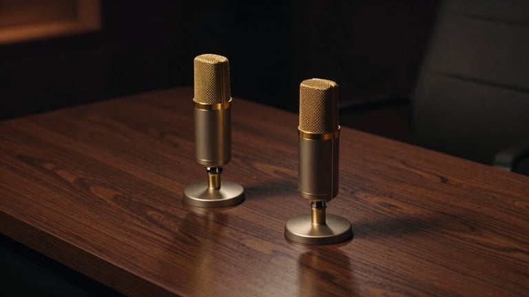 Overhead shot of a dark wooden talk-show desk, two high-end studio microphones with gold rings, warm low-key light reflecting on metallic surfaces, deep shadows