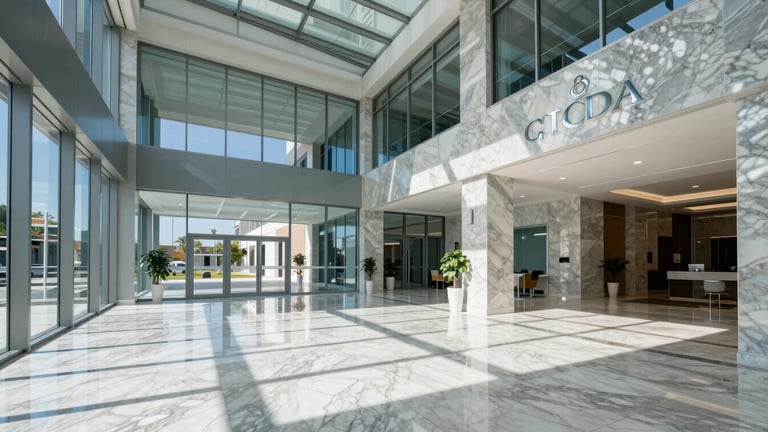 Wide architectural shot of a spotless modern corporate lobby in Córdoba, gleaming marble floors, bright natural daylight through glass walls, cool blue and slate tones
