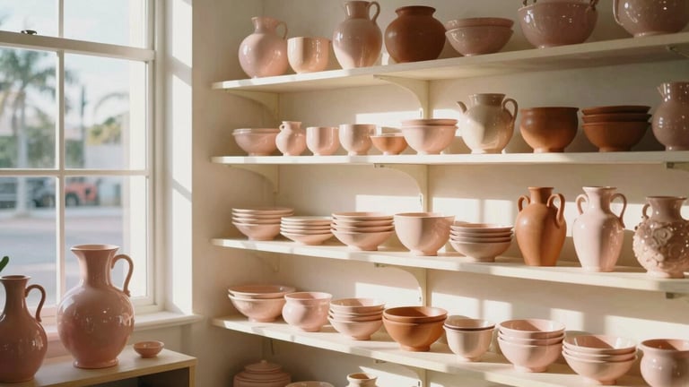 Wide panoramic shot of a bright, sun-drenched Florida design studio with shelves displaying dusty-pink and terracotta Italian ceramics, soft long shadows, warm editorial photography, 35mm