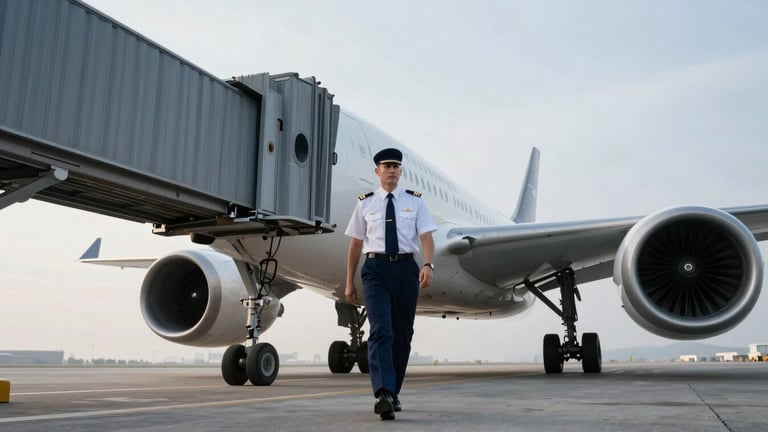 Wide-angle shot of a commercial airline pilot in uniform, walking from a modern jet bridge towards a flight deck, crisp morning light, deep navy and steel tones, 35mm lens. Focus on the pilot's determined stride and the clean lines of the aircraft.