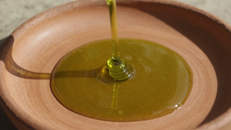 Extreme macro shot of thick, vibrant green olive oil pouring onto a rough terracotta plate, harsh Mediterranean sunlight, deep shadows, 35mm film
