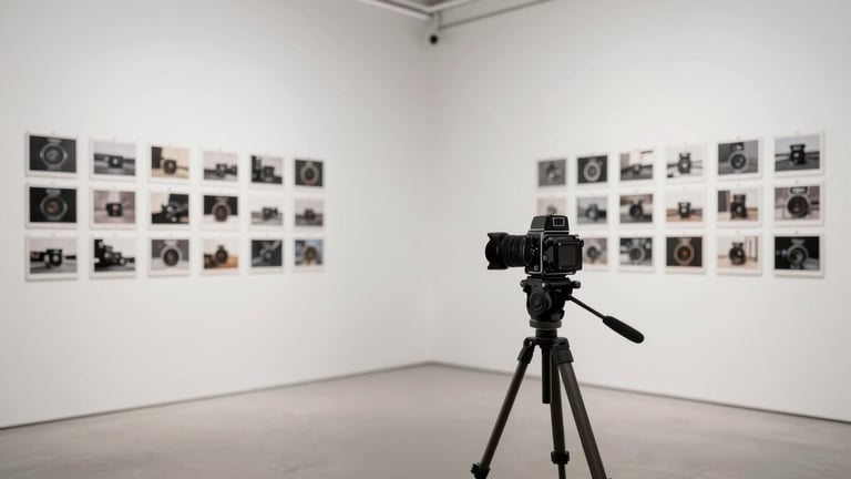 Wide panoramic shot of a clean, minimalist photography studio, large-format camera on a tripod in the foreground, proofs on magnetic walls in the background, soft diffused daylight, neutral color palette.