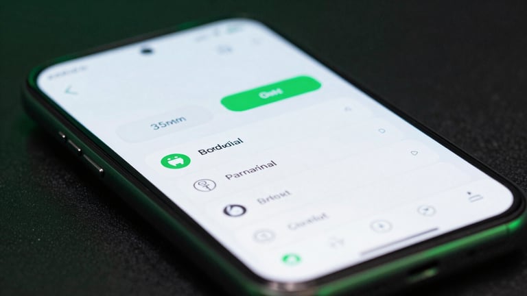 Macro shot of a high-fidelity Android mobile UI mockup on a physical device, cool studio lighting with subtle green neon accents, sharp details, shallow depth of field, 35mm