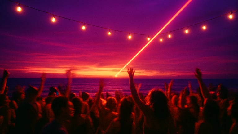 Sunset beach party, deep violet sky, warm ambient deck lighting, crowd swaying near the ocean
