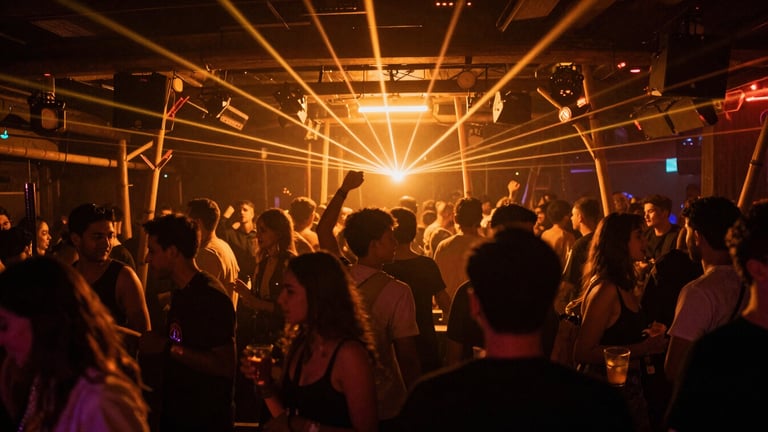 Intimate underground club interior with bamboo structures, warm amber strobes, dense crowd dancing in shadows