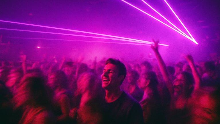 Motion-blurred crowd on a packed outdoor deck at night, neon purple strobes, 35mm film grain