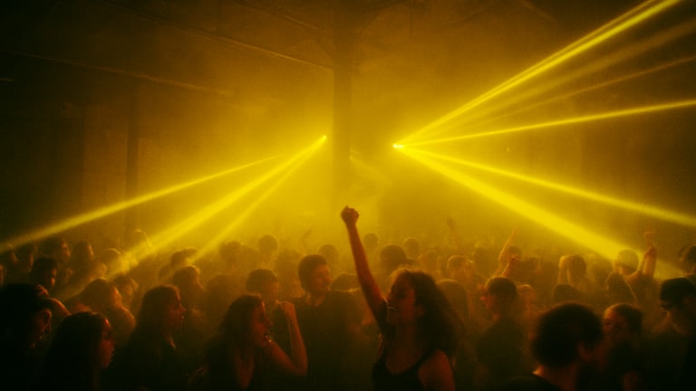 Moody industrial warehouse party, yellow strobe lights cutting through thick haze, crowd dancing