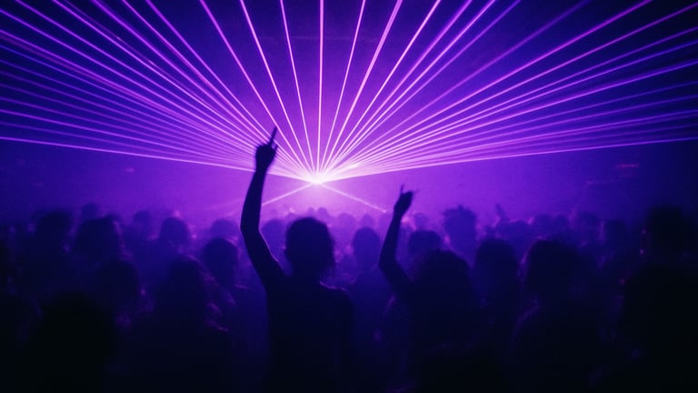 Washington DC club night, intense violet laser tunnels, packed dance floor, silhouettes of dancers