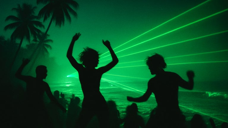 Silhouettes of dancers on a misty tropical beach at night, green lasers scanning the waves, heavy grain