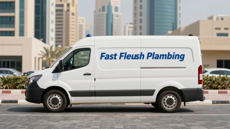 Straight-on architectural shot of a branded Fast Flush Plumbing service vehicle parked in a structured Dubai Maritime City lot, bright clinical daylight, clean lines
