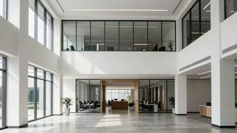 Bright modern architectural photography of a minimalist office lobby in San Jose, cool desaturated tones, indirect daylight, 35mm lens