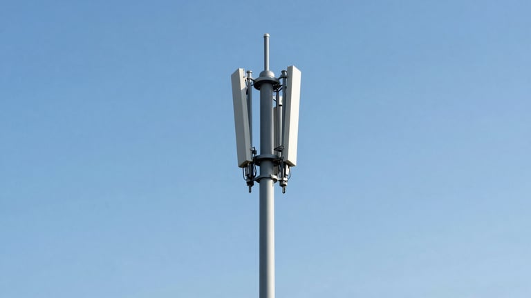 A minimalist shot of a modern UK telecommunications tower against a clear blue sky, bright neutral daylight, sharp focus