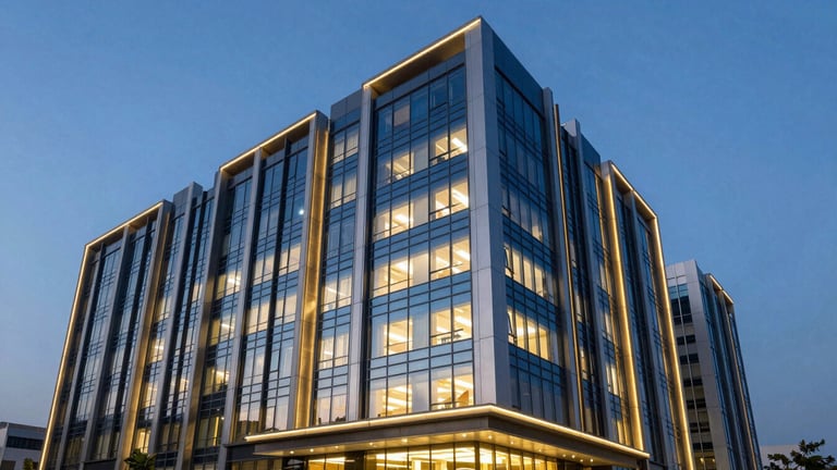 A professional architectural photograph of a modern corporate office building exterior in Malakpet, Hyderabad at dusk, warm interior lights glowing, clean lines, royal blue sky, editorial 35mm