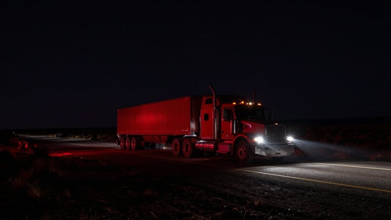 Wide panoramic Arizona desert highway at night, a heavy-duty dually truck with flatbed trailer heading towards the horizon, headlights cutting through the darkness, dramatic low-light, high-contrast, deep charcoal and red tones, 35mm.