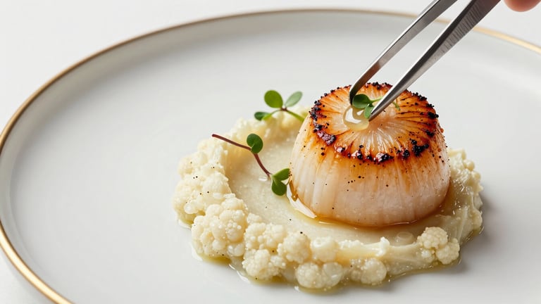 Extreme close-up of a fine dining composed plate — seared scallop on a smear of cauliflower purée, micro herbs placed with tweezers, gold-rimmed plate edge visible, white background, surgical studio strobe light, overhead angle